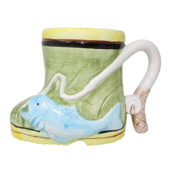 Vintage 1992 Fisherman Boot Coffee Mug Fishing Pole Handle E&B Giftware Company - Picture 3 of 10